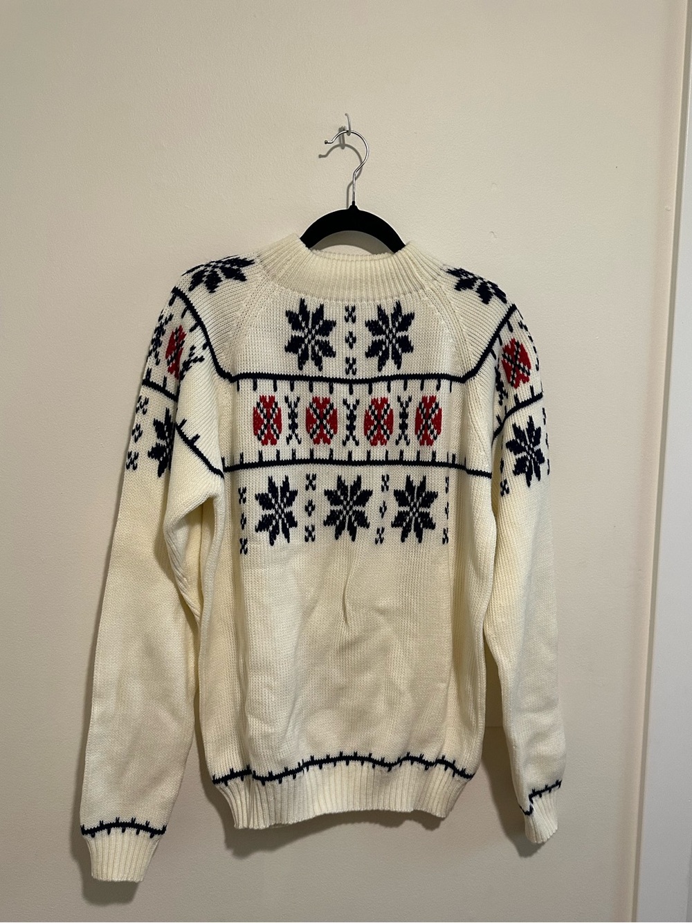 Vintage 90s Geometric Knit Sweater — Cream Navy Red — XL Tall